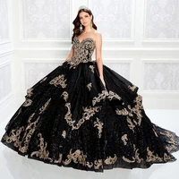shining black beaded ball gown quinceanera dresses sweetheart neck lace appliqued prom gowns sequined sweep train tulle sweet 15