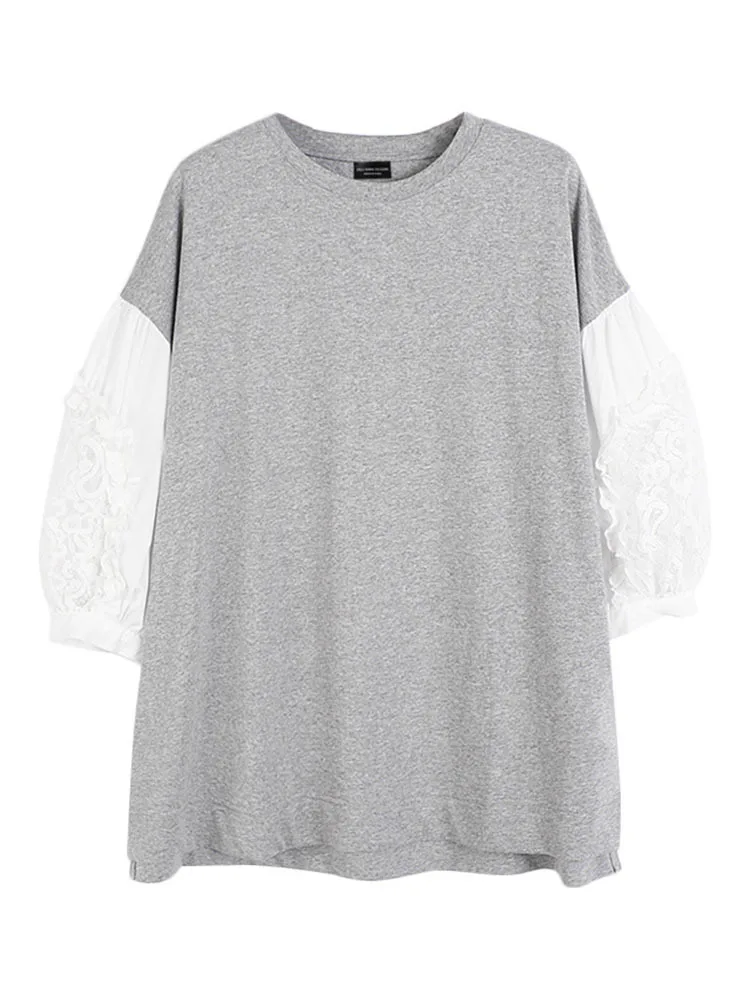 

Women Gray Lace Color-block Casual Big Size T-shirt New Round Neck Long Sleeve Fashion Tide Spring Autumn 2022 N564
