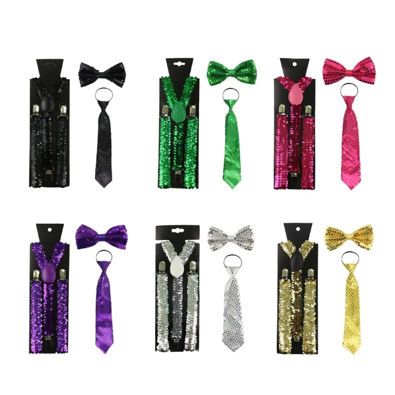 

Adult Sequins Bowtie Necktie and Clip-on Elastic Y-Shape Back Brace Suspenders Drop Shipping