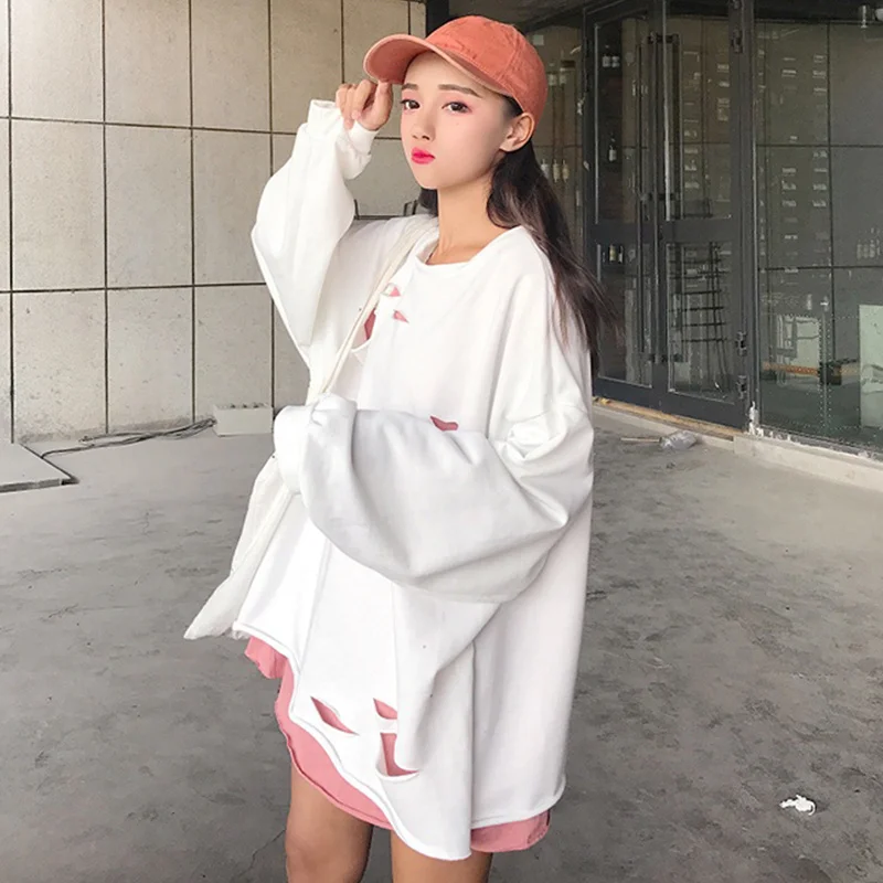 

Autumn Spring Women Hole Fake two piece O-Neck Drop-Shoulder Sweatshirts Female Loose Casual Fashion Comfortable Hoodies ZX875