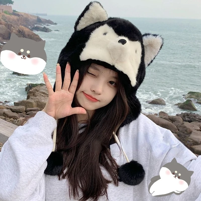 

Husky Cute Hats for Women Thickened Warm Fur In Autumn and Winter Sweet Beauty Cap Outdoor Ear Protection Skiing Bomber Hat