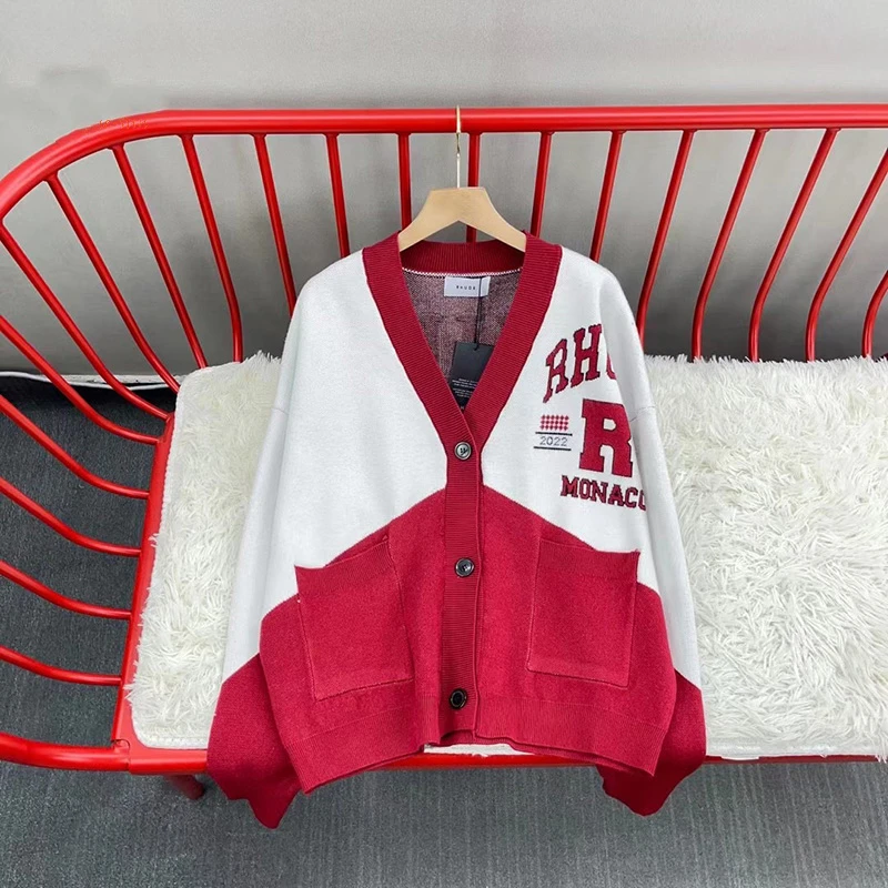 

2022FW Button V-Neck Rhude Knitted Men Women 1:1 Best Quality Cardigan Patchwork RHUDE Sweater Logo Jacquard Sweatshirts