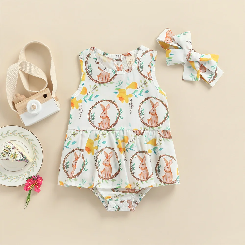 

0-18 Months Summer Baby Girls Cute Rabbit Print Bodysuit Toddler Sleeveless Dress Romper With Hairband Easter Bunny Clothes