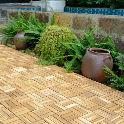 

10 Tiles 12" x 12" Square Teak Wood Interlocking Flooring Tiles Checker Pattern for Outdoor Spaces Balconies Garden Porch