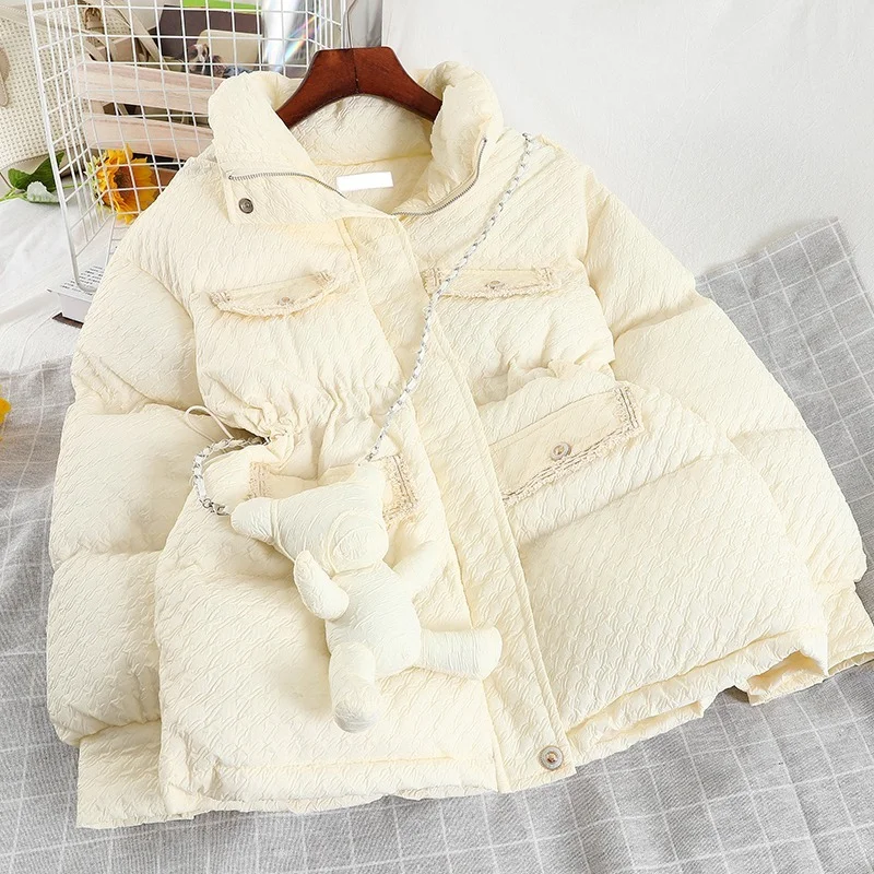 Fashion Trend 2021 New Thick Warm Bread Clothes Women Winter Warm Cotton Coat Loose Waist Temperament Net Red White Coat Jacket