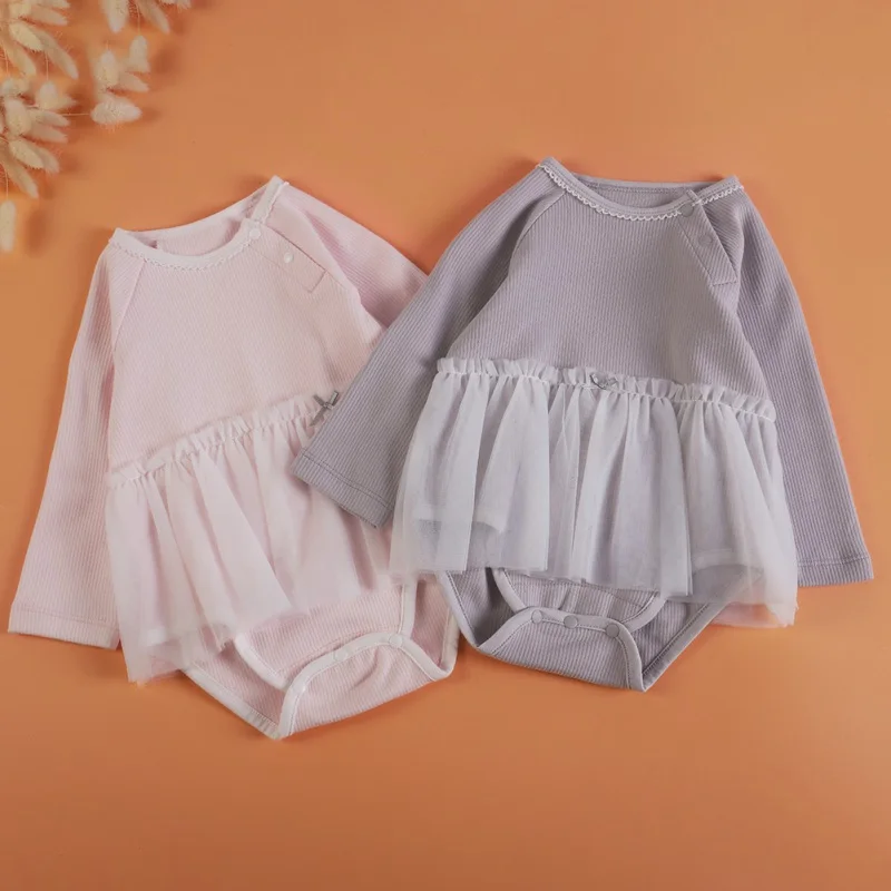 

Newborn Baby Clothes Girls Infant Indoor Crawling Clothing Soft Solid Color Lace Long Sleeve Cotton Toddler Baby Rompers