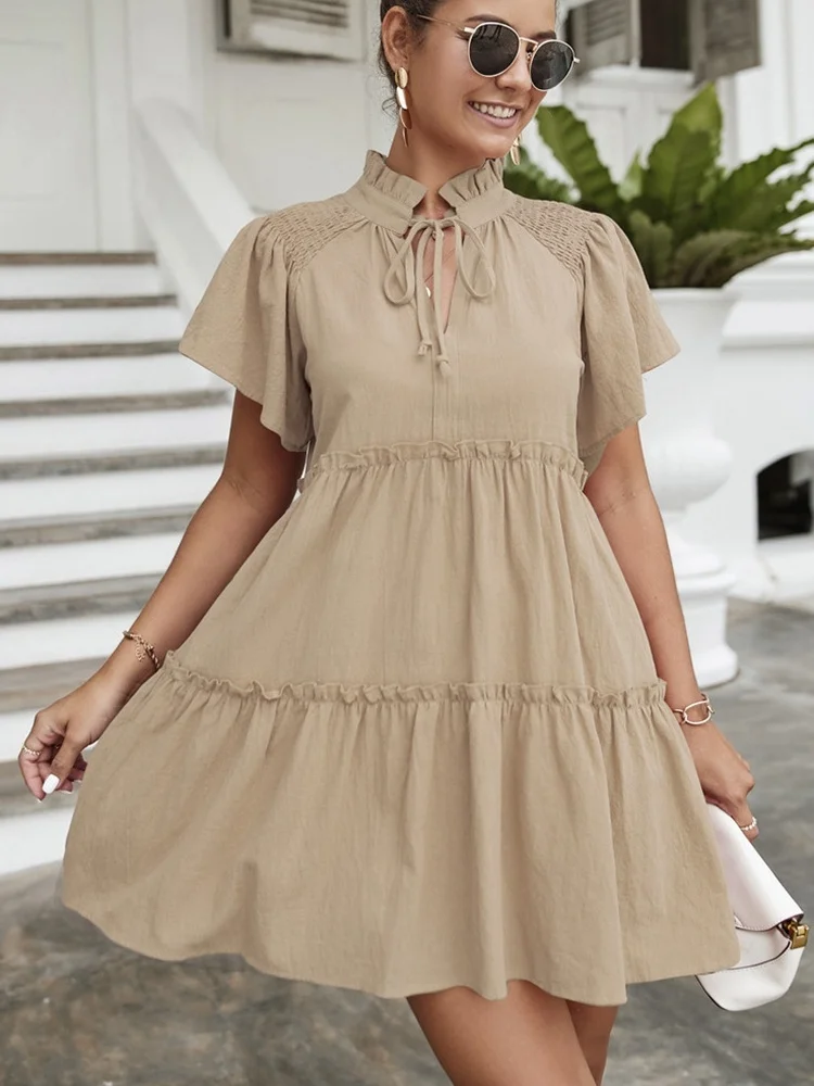

Женское винтажное платье на завязках, повседневный свободный сарафан с высоким воротником и коротким рукавом, Новинка лета
