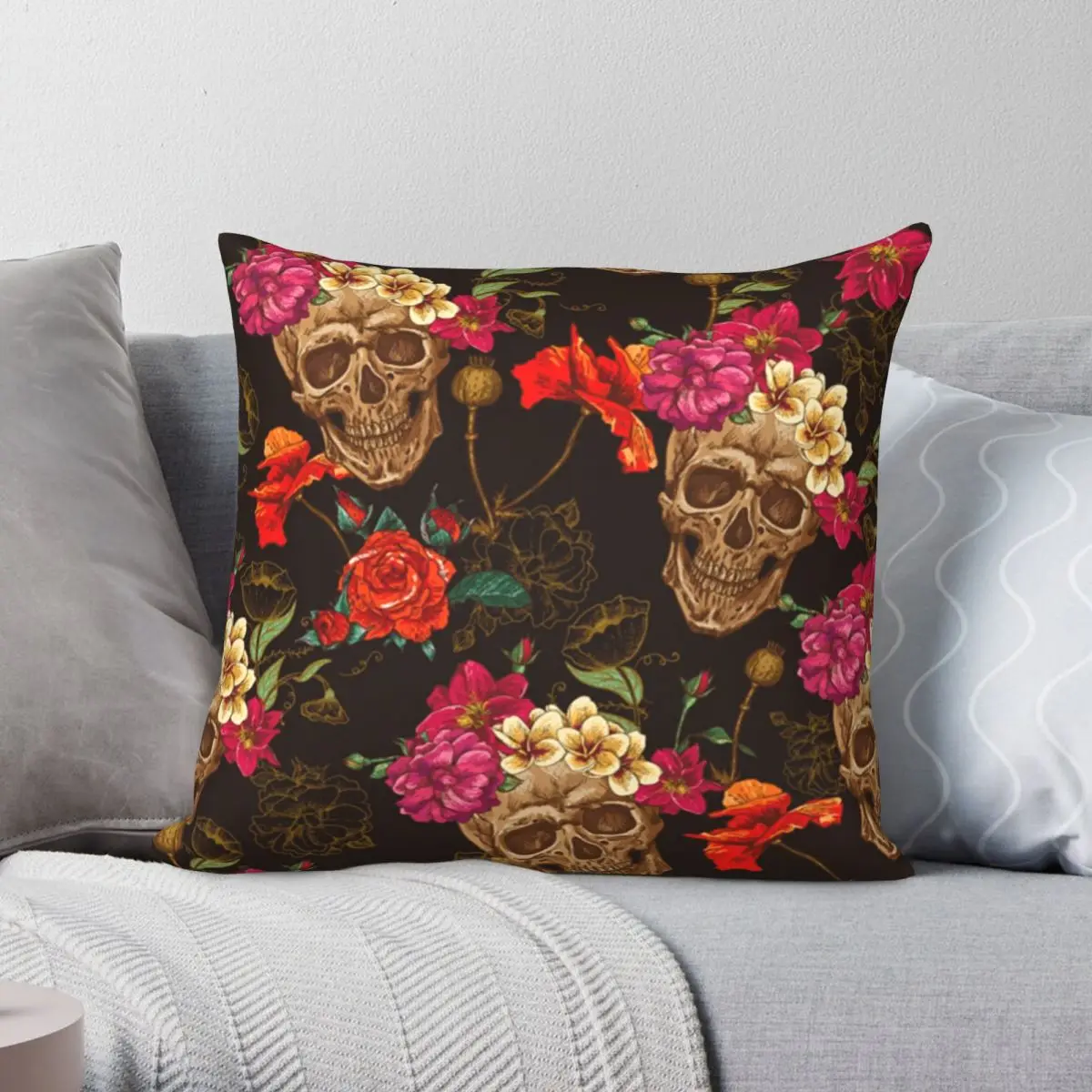

Floral Skulls Pillowcase Polyester Linen Velvet Creative Zip Decor Throw Pillow Case Home Cushion Cover