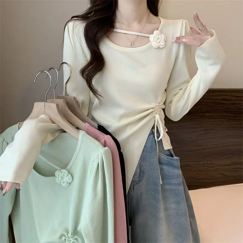 Корейский тривимерный вязаный женский топ с длинными рукавами и розой осенний