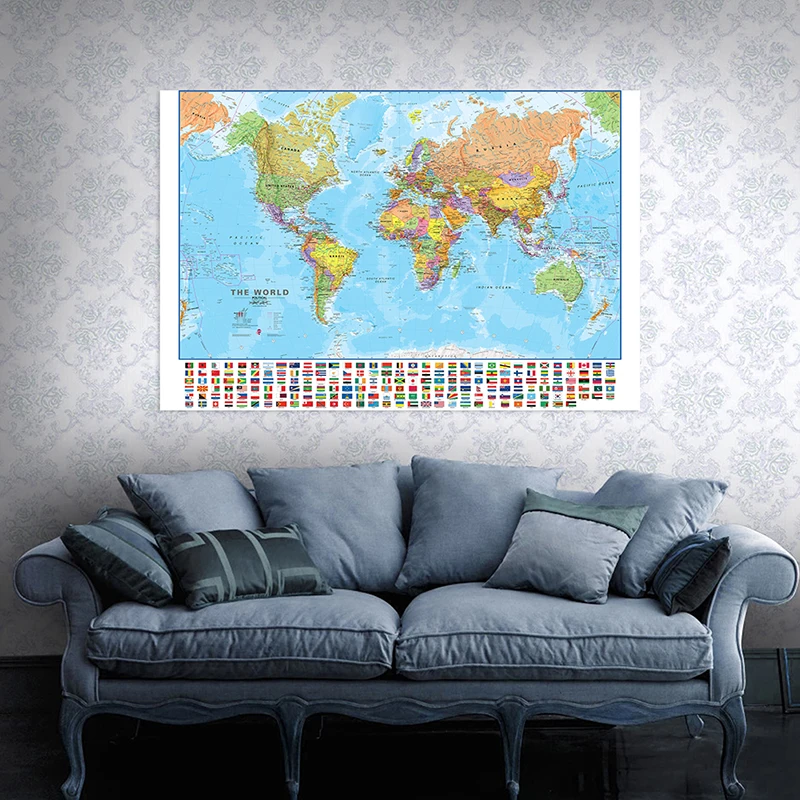 

130*90cm The World Political Map with National Flags Non-woven Canvas Painting Wall Poster Home Decor Education School Supplies