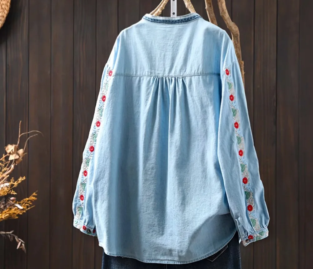2025 женские джинсовые рубашки в японском стиле с длинными рукавами и вышивкой