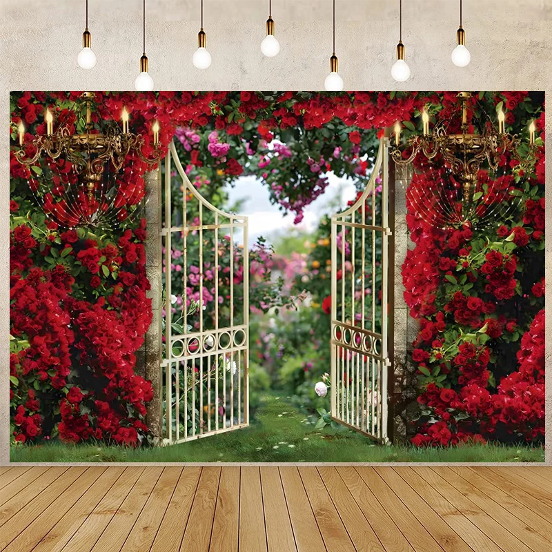 

Фон для свадебной фотосъемки с изображением красных роз цветов стены сада двери