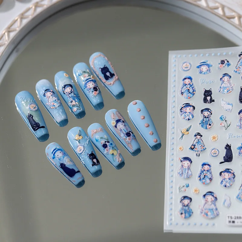 

Рельефные самоклеящиеся Стикеры для ногтей с изображением милого синего платья девушки мультфильма 5D рельефные наклейки для ногтевого дизайна с бантом цветком 3D маникюрные наклейки для женщин