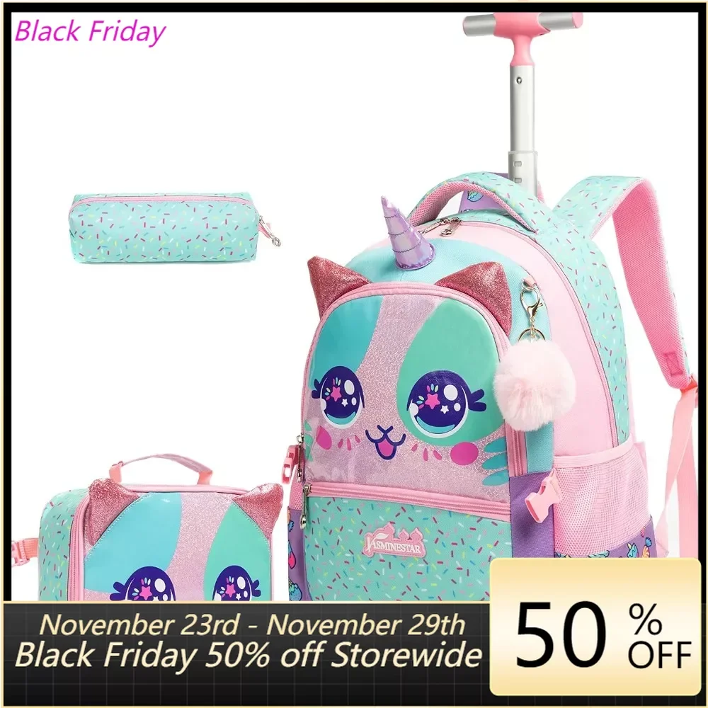 

Unicorn Roller Backpack with Wheels Set for Elementary Students Carry on Luggage Bookbag with Roller for Girls Kids