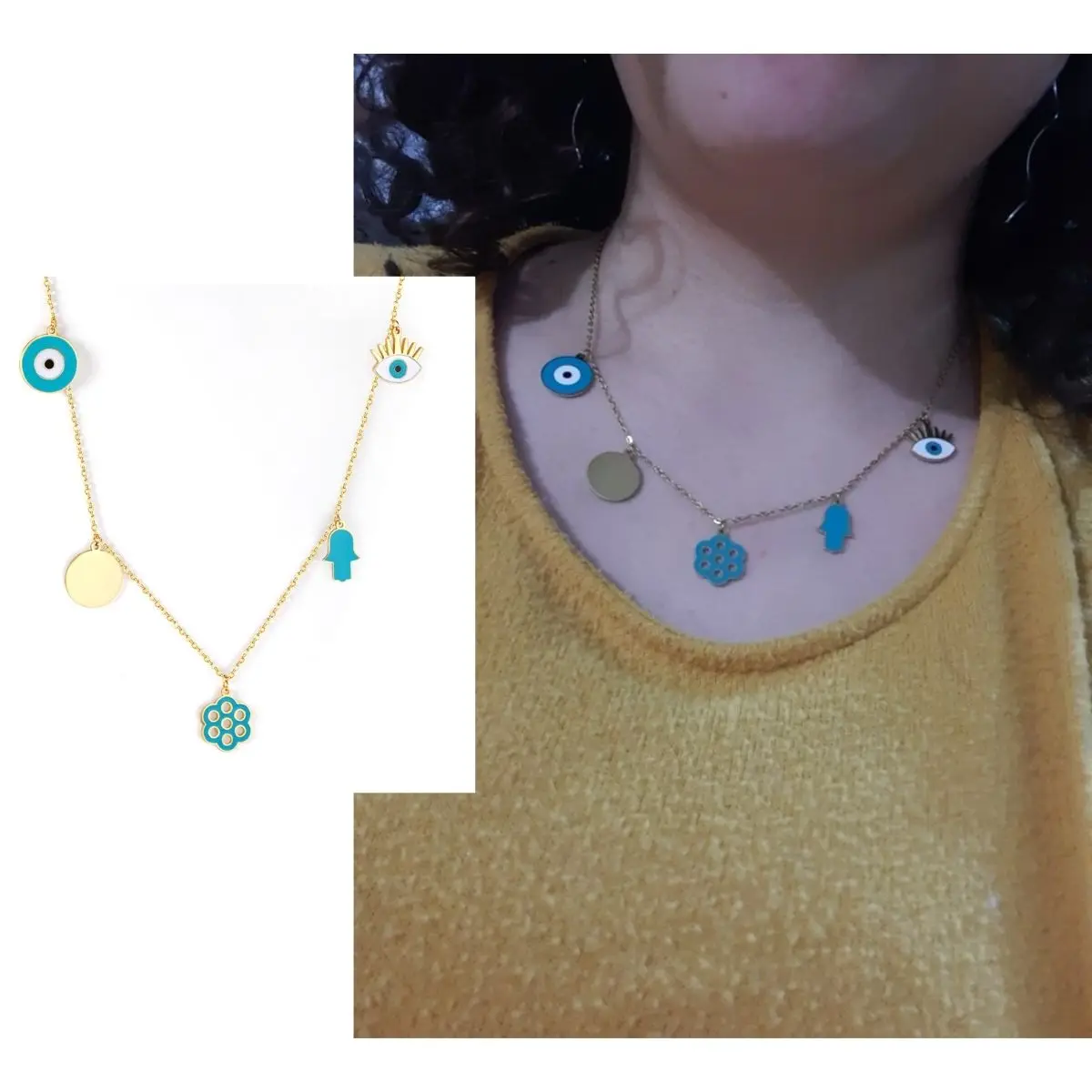 Ожерелье LUXUKISSKIDS Turkish Eyes Hiphop из нержавеющей стали с синими оберегами Злого Глаза, хамсой и рукой Фатимы в стиле эстетической ювелирии.
