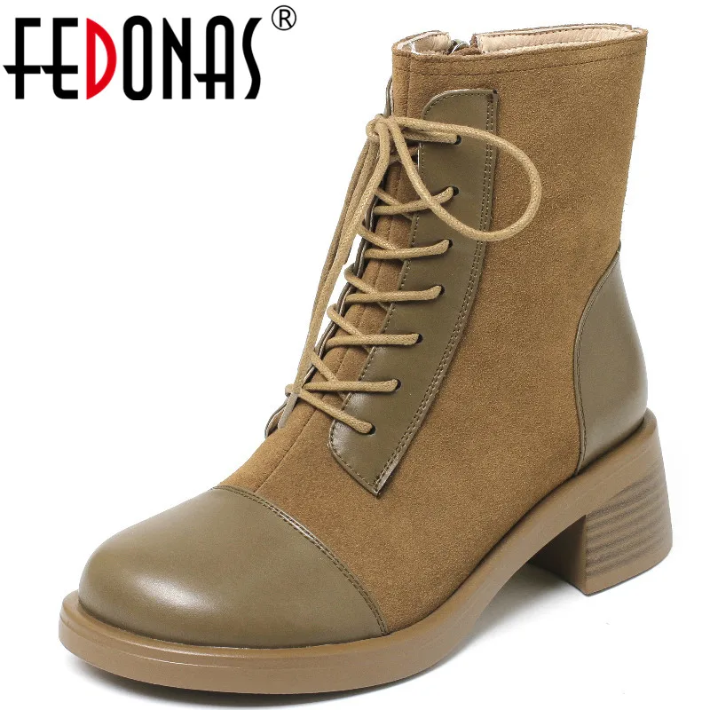 

FEDONAS Working Casual Women Ankle Boots Splicing Genuine Leather Thick Heels Cross-Tied Shoes Woman Autumn Winter Fashion New