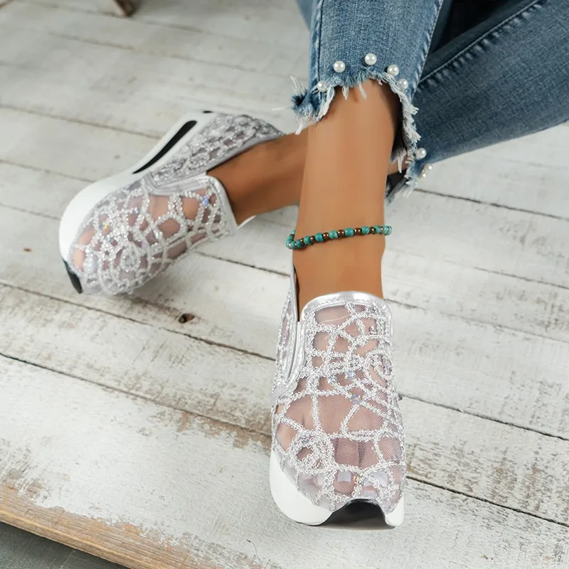 Summer Sneakers Women 2023 New Glitter Rhiestone Mesh Ladies Breathable Comfy Loafers 35-42 Outdoor Walking Running Flats