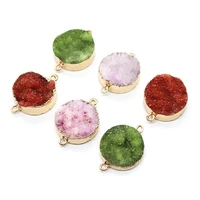 natural stone crystal round pendants connector for jewelry making diy necklace earrings two hole charms pink green red accessory