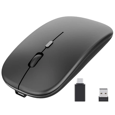 Беспроводная перезаряжаемая мышь, ультратихая оптическая мышь 2,4G с USB и приемником Type-C, для ноутбука, (черный)
