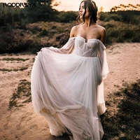 off shoulder puffy sleeves pleated beach wedding dress strapless tulle vestido noiva boho sexy bridal gown elegant bride party