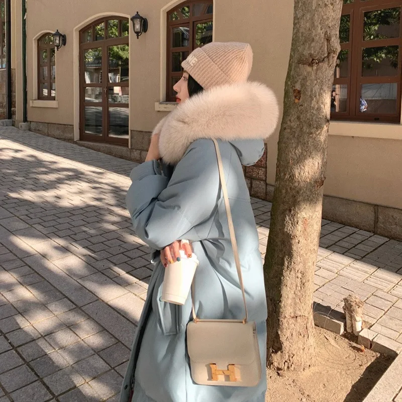 New Hooded Down Jacket White Duck Down Fox Fur Collar Warm Cotton Jacket Women In The Long Section Design Sense Sweet Jacket