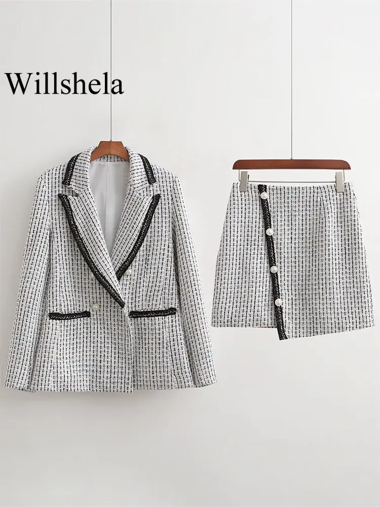 Willshela Women Fashion 2 Piece Set Plaid Double Breasted Blazer & Vintage Back Zipper Mini Skirt Female Chic Lady Skirt Set