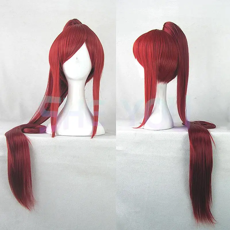 FAIRY TAIL Erza Scarlet 100CM Long Deep Red Cos Wigs with ponytail Cosplay Wig + Wig Cap