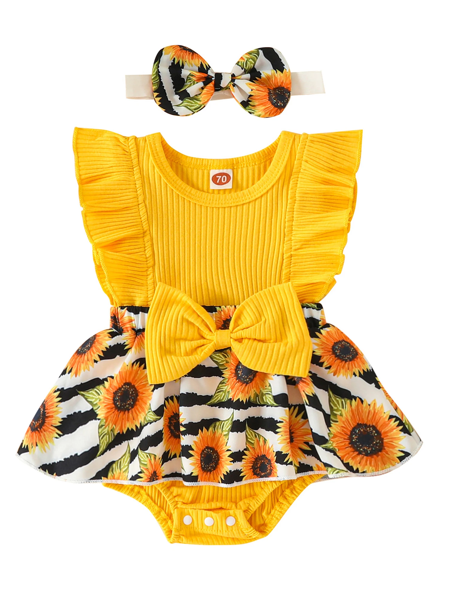 

Newborn Baby Girl Summer Clothes Fly Sleeve Ribbed Romper Floral Bodysuit