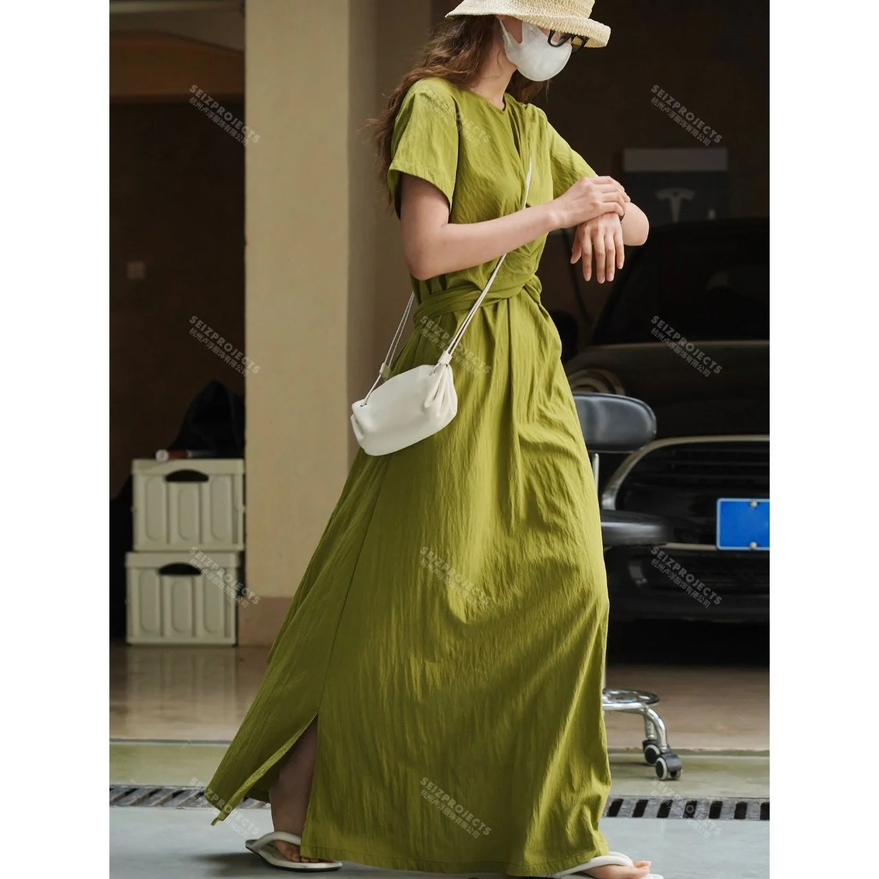

Summer Cross Tie Waist Green Dress Slim Fit Long Dress Women