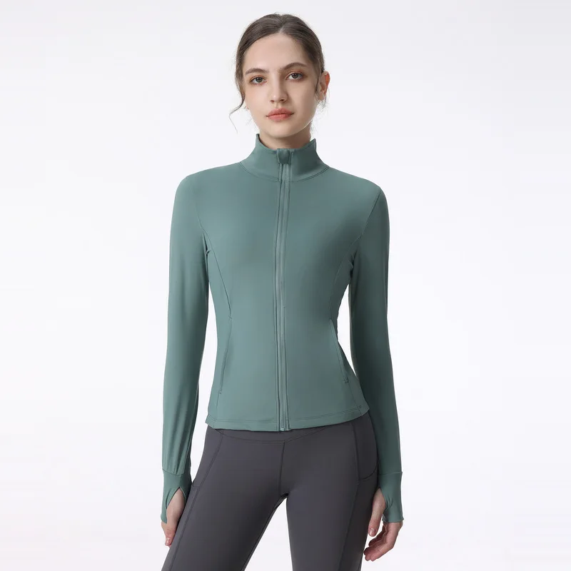 

With Logo Workout Jackets Women Full Zipper Slim Long Sleeve Crop Top Yoga Shirts With Pockets Fitness Coat Sports Gym Blouse