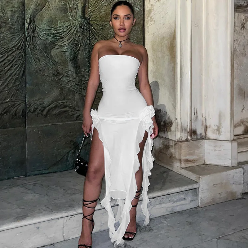 

2023 Spring and Summer New Women's Sexy Ethos Wrapped Chest Stitching Lace Bare Leg Slit Dress