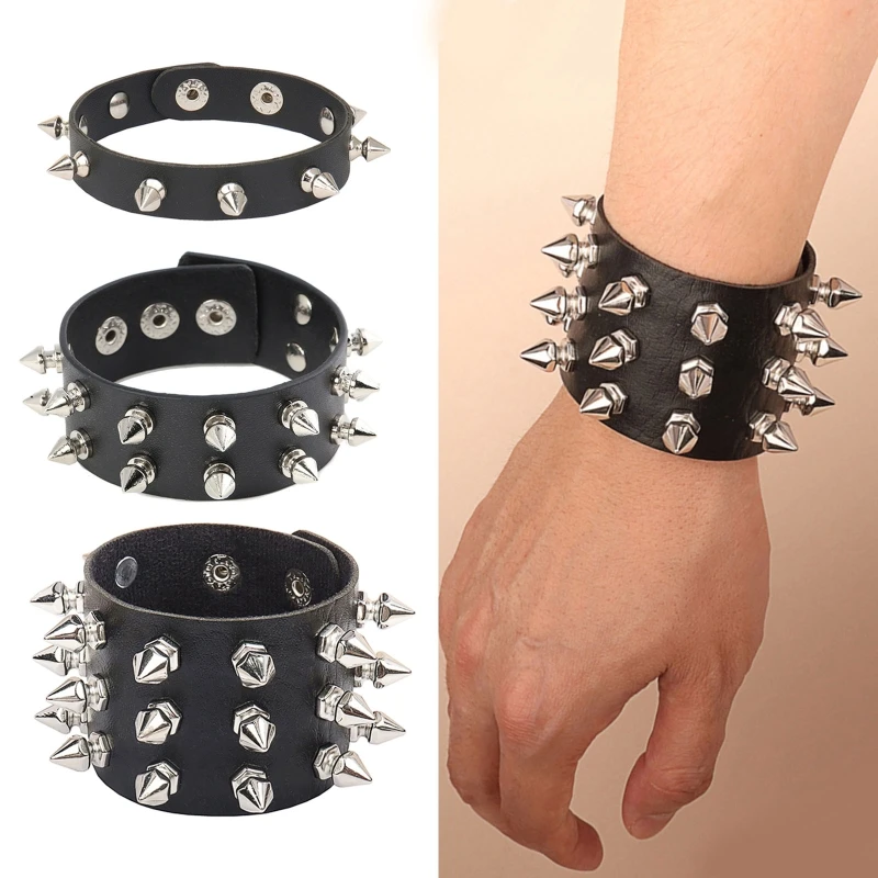 Leather Studded Bracelet Choker Punk  Rivets Cuff Metal Black Wristband Adjustable Dropshipping