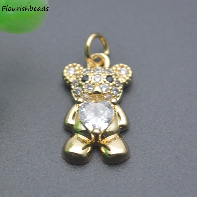 Fashion Design Nickel Free Anti Fading Gold Plated CZ Pave Cute Bear Metal Charms Pendants for Jewelry Necklace Making 20pcs