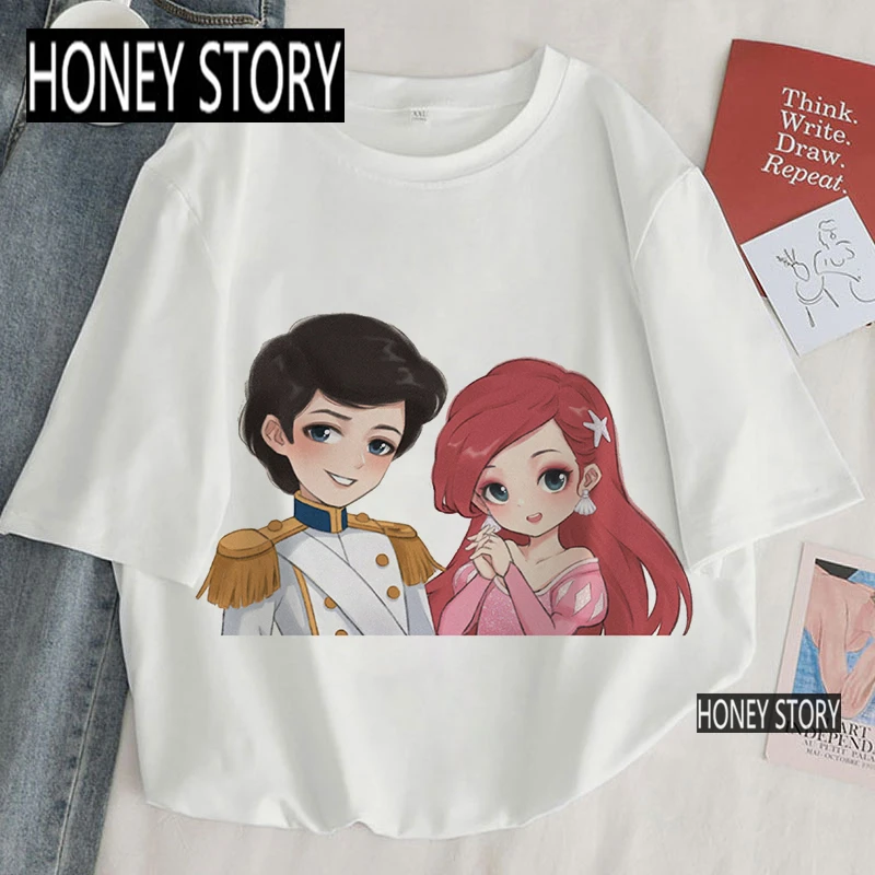 

Футболка женская/мужская с графическим принтом и принтом принцессы, модная рубашка с коротким рукавом для влюбленных пар, топы для девочек, ...