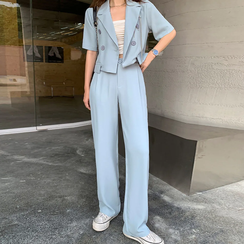

2022 Summer Casual OL Women Pants Sets Fashion Elegant Short Sleeve Solid Blouse Suits Tops And Wide Leg Trousers Flare Pants