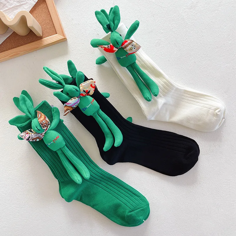 Hot Spring 3D Green Rabbit Doll Funny Socks For Girls Women Japanese Fashion Kawaii Gift Animal Trendyol Cotton White Socks Long