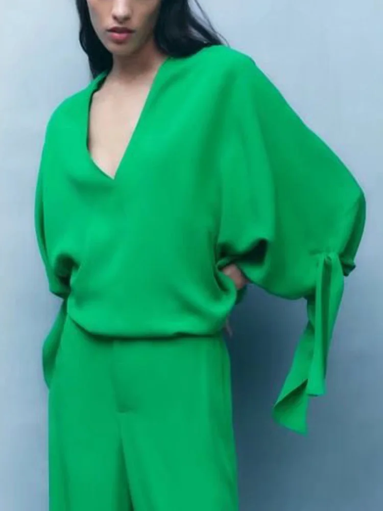 

Kumsvag 2022 Summer Women Fashion Loose Blouses Tops Solid V-Neck Bow Tie Satin Female Casual Street Top Smock Blusas