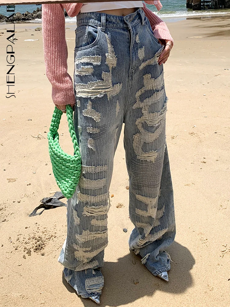 

SHENGPALAE Fashion Women's Jeans Broken Hole Tassel Patchwork Pocket Denim Loose Wide Leg Long Pants Autumn 2023 New Tide 5R4319