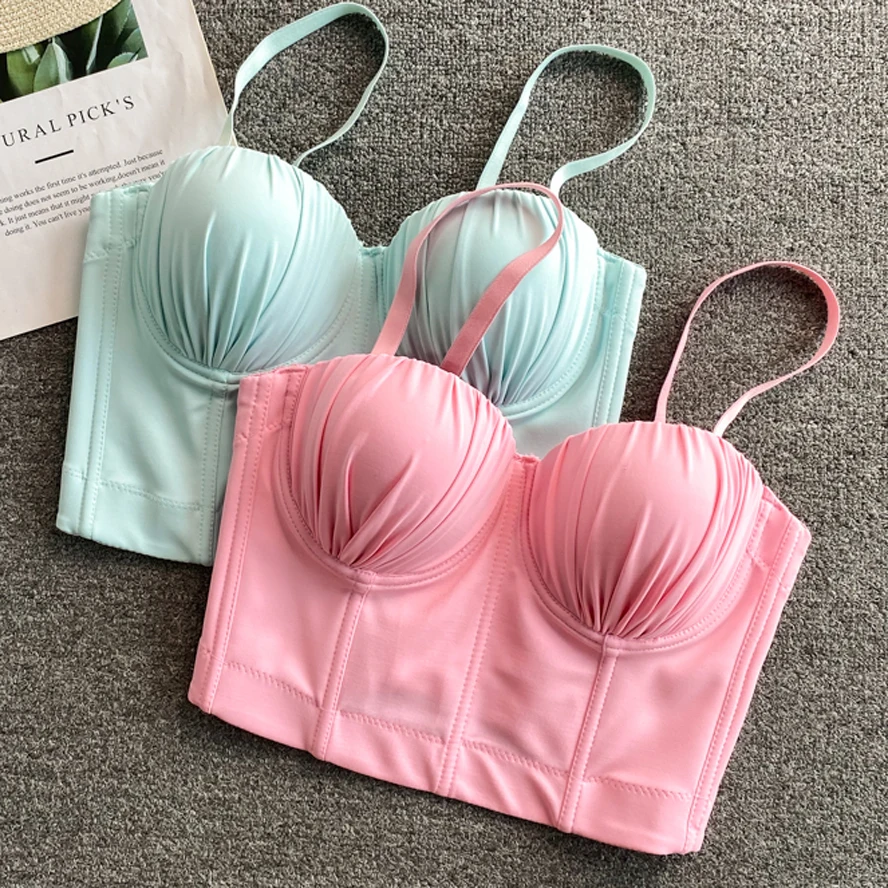 

Wrinkle Women Corset Top Webbing Feminino Vest Camis Cropped Croptops Dancing Femme Sexy Bustier with Pad Push UP Debardeur
