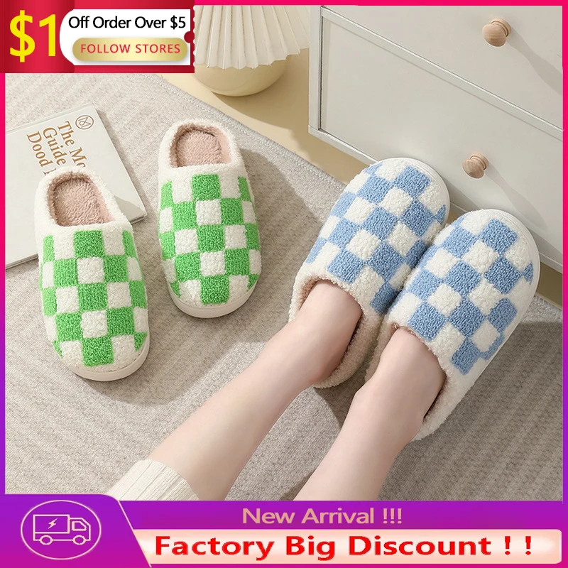 

Plaid House Slipper Womens Winter Warm Home Kawaii Cartoon Plush Contton Indoor Funny Cute Fuzzy Floor Shoes Female Checkerboard