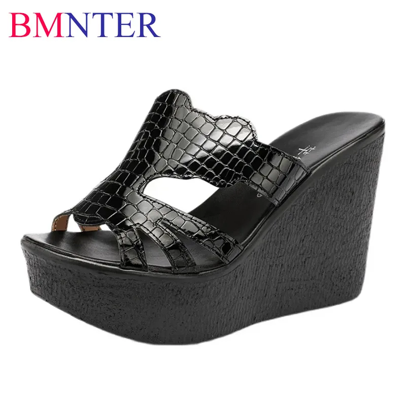 

11cm Small Size 32-43 Sexy Black Extreme High Heels Shoes Genuine Leather Slippers 2023 Thick Bottom Platform Wedges Slides