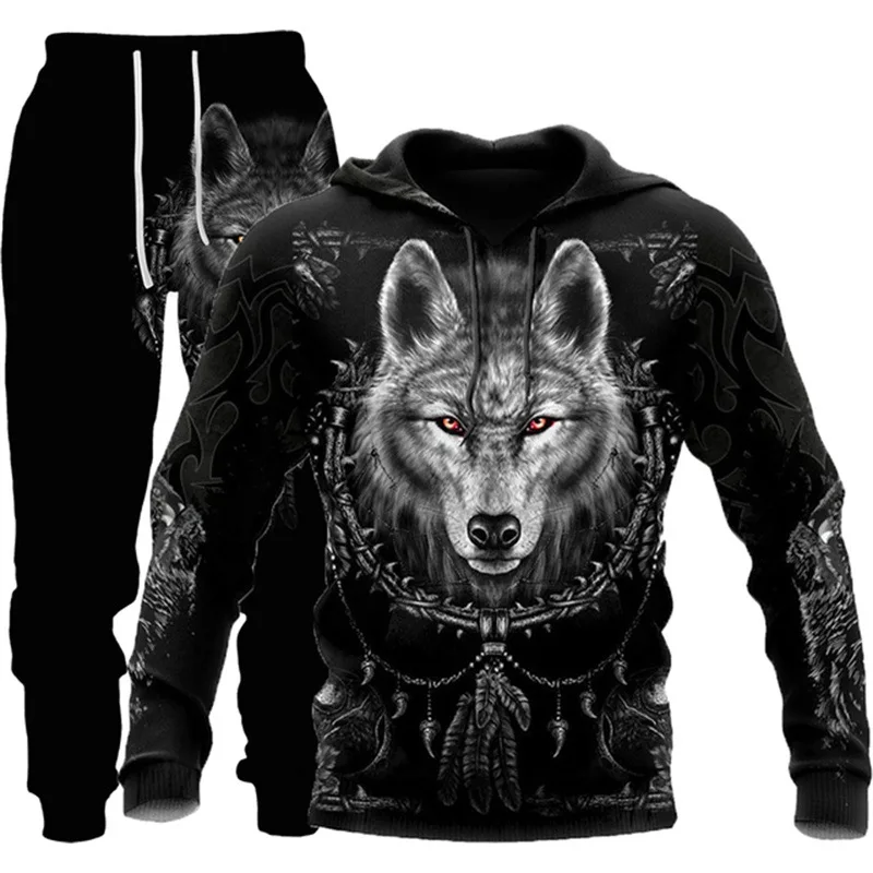 Autumn Winter Casual Sweashirts Forest Wolf 3d Printed Hoodie Suit Male Sweatpants Men Tracksuit Set Fashion Men's s Men's Hoode