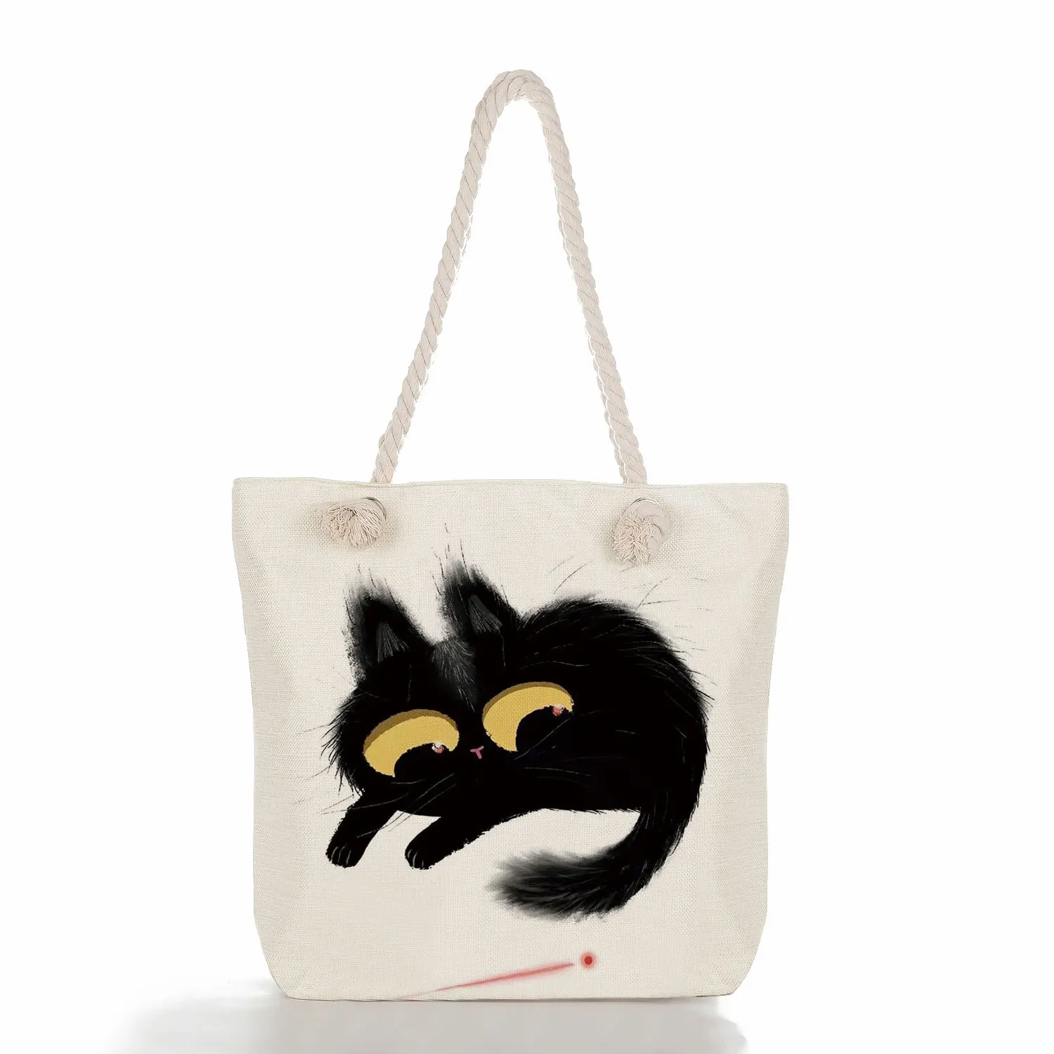 

2023 New Kawaii Canvas Print Tote Bag Art Cute Cat Cartoon Pattern Shoulder Bag Floral Print Handbag with Cotton Rope