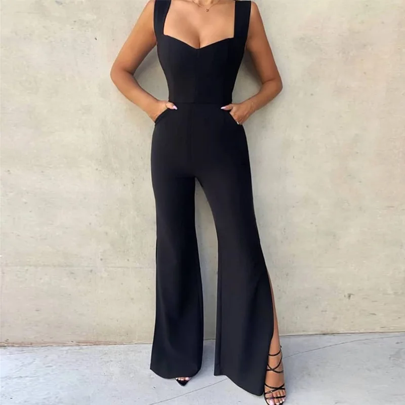 

CFJS-012 2022Y New Arrival Sexy Slim Fit Women Jumpsuit Sleeveless Black Flare Pant Office Lady Fashion Commuting Wear