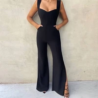cfjs 012 2022y new arrival sexy slim fit women jumpsuit sleeveless black flare pant office lady fashion commuting wear