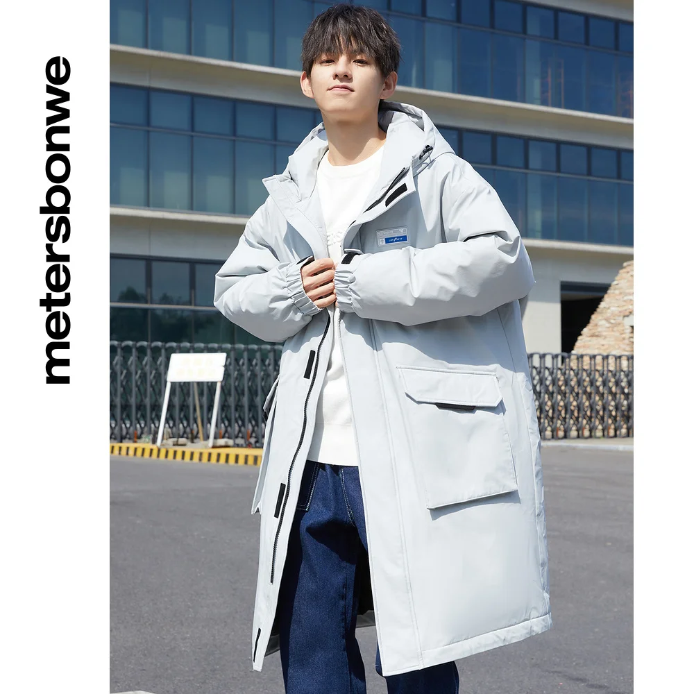 Metersbonwe Parka Down Jacket Men Winter Warm 80% Gray Duck Down Jacket  Hooded Anti-snow Medium Length Cargo Warm Red Down Coat