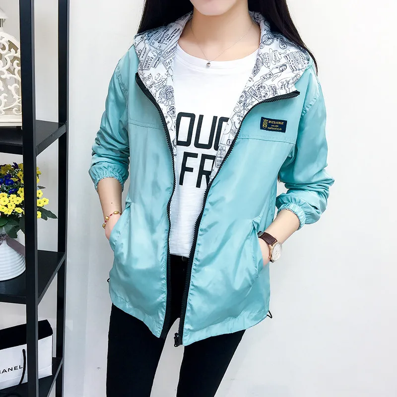 

Women's Jacket Spring Summer Pocket Zipper Hooded Two Side Wear Outwear Coat Loose Plus Size Windbreaker Jackets Famale Xhl134