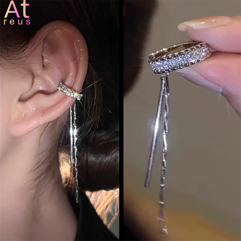 

1piece Single Side Earring 2023 Party New Zircon Crystal Shiny C Shape Long Tassel Ear Cuff No Piercing Earrings Women Ear Clip