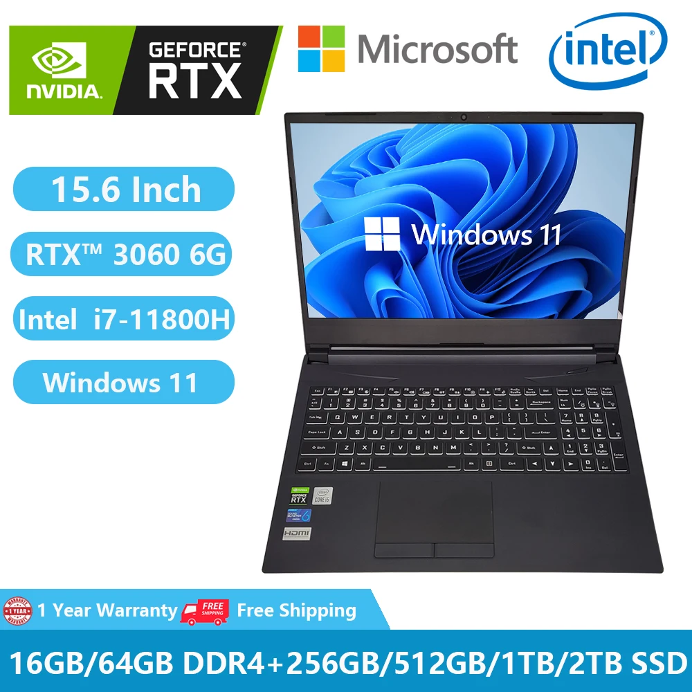 2023 Gaming Laptops NVIDIA GeForce RTX 3060 6GB Notebook Computer Windows 11 Intel Core I7-11800H 64GB RAM Dual DDR4 M.2 WiFi