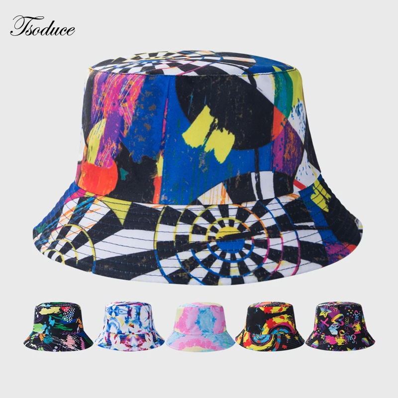 

Unisex Bucket Hat Double-Sided Wear Outdoor Fishing Cap Women Men Sun Protection Hats Graffiti Fisherman Caps Flat Top Hats